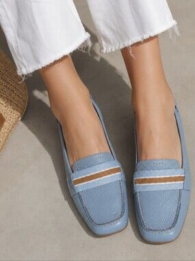 Connie Clearwater Blue Loafers Slip On Leather Square Toe Flats Preppy Size 7